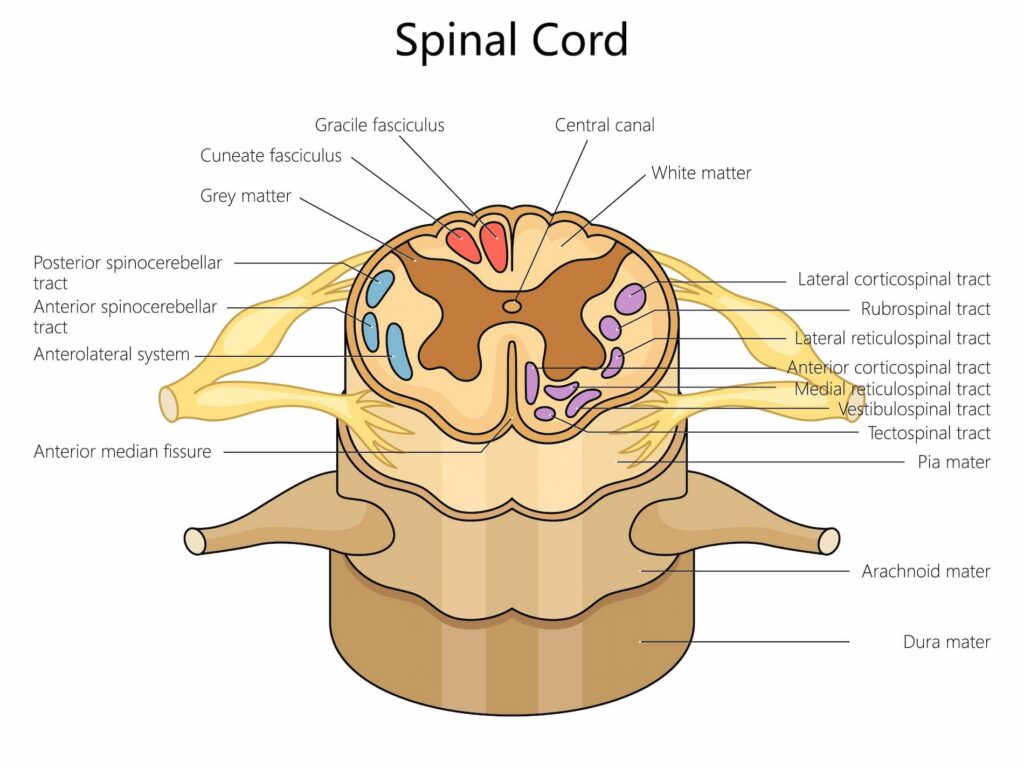 A detailed medical cross-section diagram of the human spinal cord, illustrating the grey matter, white matter, and nerve pathways that can be damaged in a spinal injury.